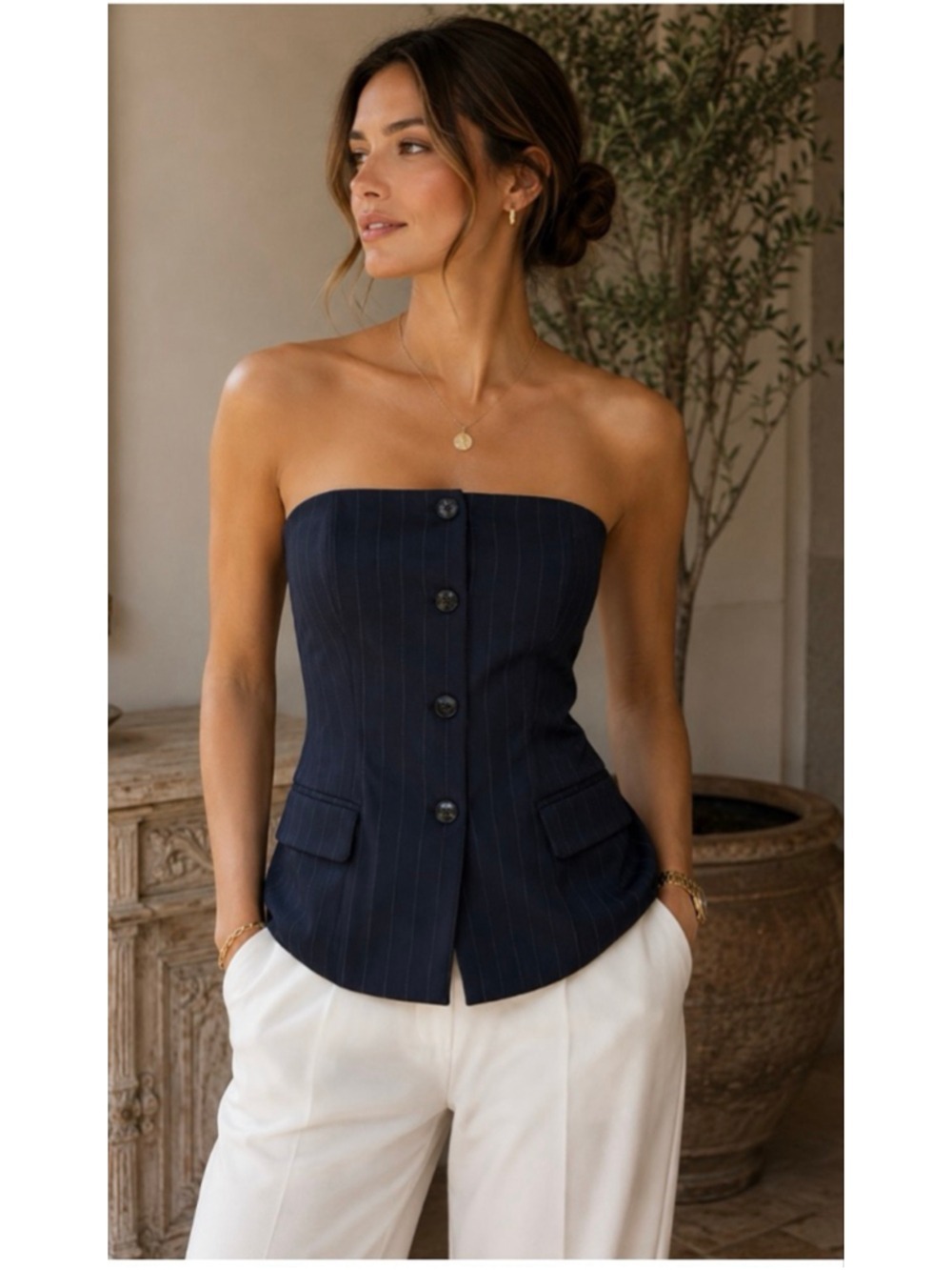 Tensione In Navy Pinstripe Strapless Top S Italian New